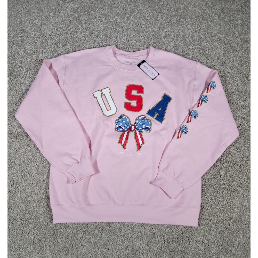 Simply Southern Sweatshirt Crewneck Sz M Pink Patriotic Bows USA 4TH of July NWT - Picture 2 of 14
